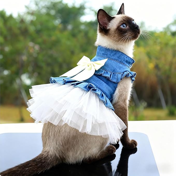 Dog Cat Denim Tutu Dress, Princess Puppy Kitten Outfit with Pearl Bow & Stand-Up Collar, Sleeveless Pet Clothes for Wedding Birthday Party, Easy Front Snap Closure for Chihuahua(White-Denim, X-Large)