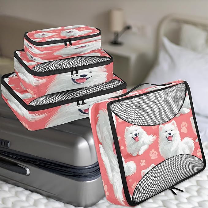 Dogs 4 Set Travel Packing Cubes for Accessories, Suitcase Organizers Luggage Bags Set with Double Zippers & Mesh Top