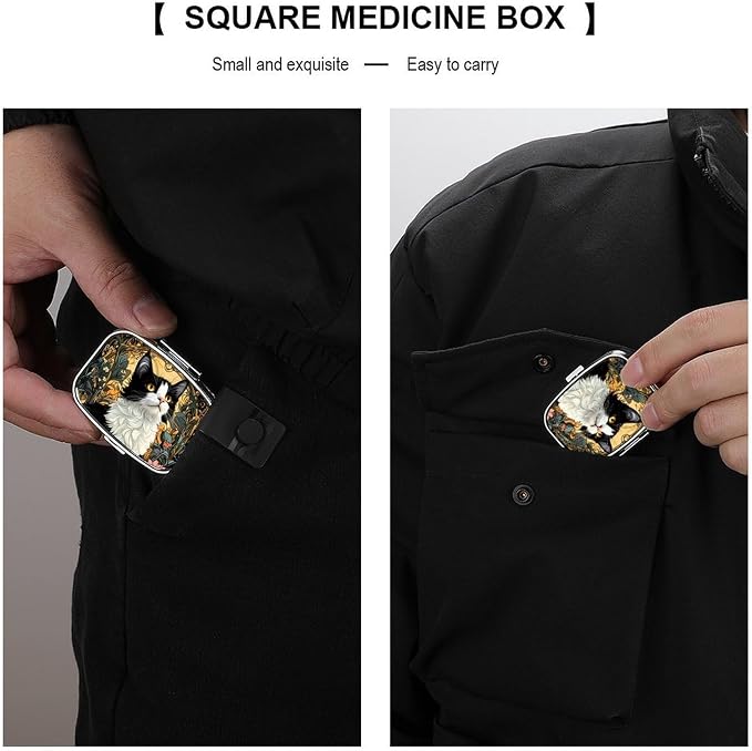 Cat Durable Metal Pill Case for Daily Use, 2 Slot Medicine Box Organizer,Leak Proof Travel Pill Container for Vitamins, Compact Pocket Medicine Holder for Seniors,Holiday Gift