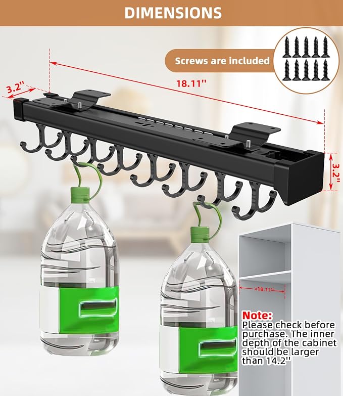 Pull Out Broom Holder With Adjustable Double Row Sliding Hook-Black 18.11in | High Load Capacity, Multifunctional Slide Broom And Mop Storage/Garage Organization Hooks, for Closet Laundry, kitchens