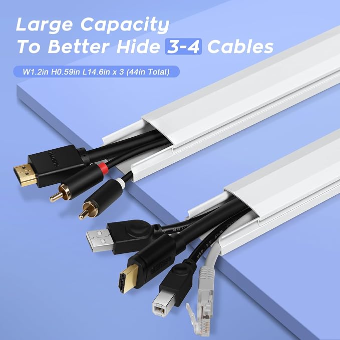 TV Cord Hider, Self Adhesive 44in Cable Raceway Kit, Holds Up to 4 Cables | White Wire Covers for Cords on Wall, Large Cord Cover for Wall Mounted TV, Paintable Cable Management System, W1.2in H0.6in