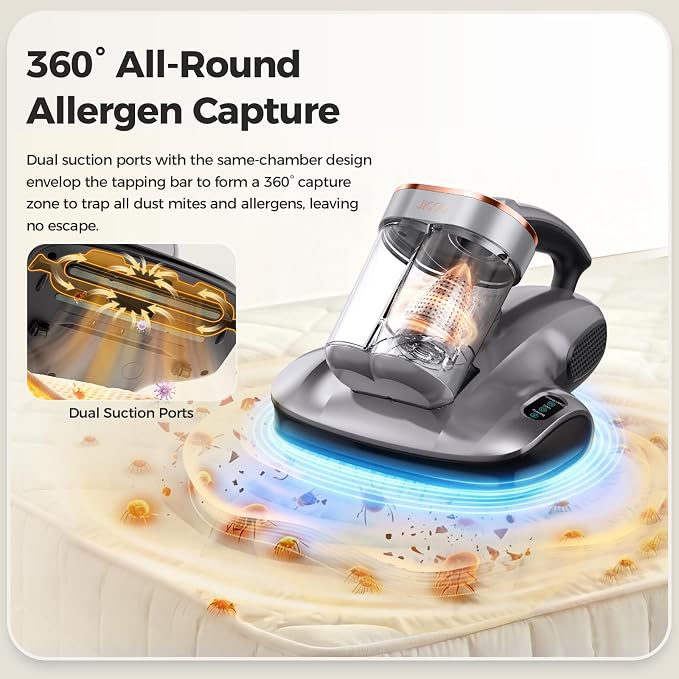 JIGOO 2-in-1 Mattress and Pet Hair Vacuum Cleaner, Bed Vacuum Cleaner with Dust Sensor, Ultrasonic and High Heating, Deep Cleaning Bed Vacuum for Sofa Bed Fabric Surface (S100 Cordless,Gray)