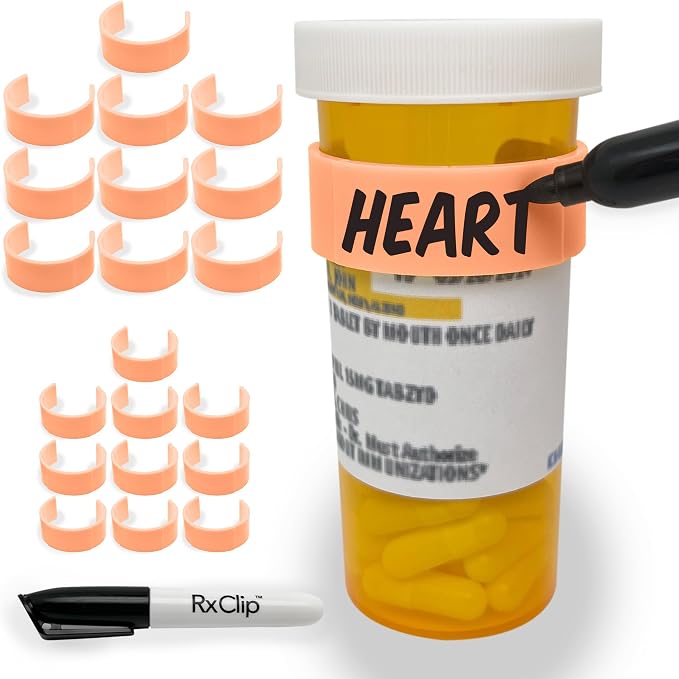 20 Pack Medicine Bottle Label Clips for Easy Medication Identification - 20ct Multipack with Marker (Peach)