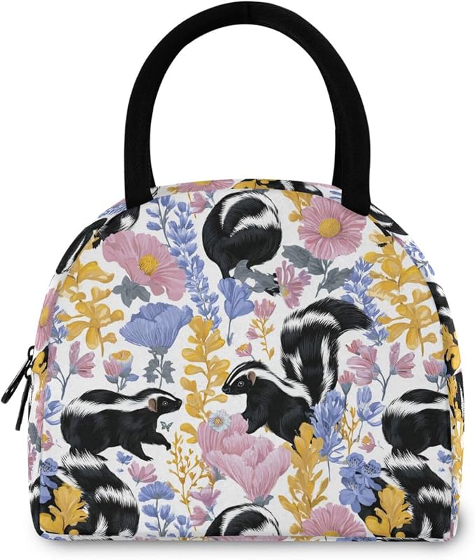 Lunch Bag Pink Flower Pets Skunks Insulated Lunch Box Cooler Lunch Container Organizer Reusable Lunch Tote Bags for Work Travel Outdoor