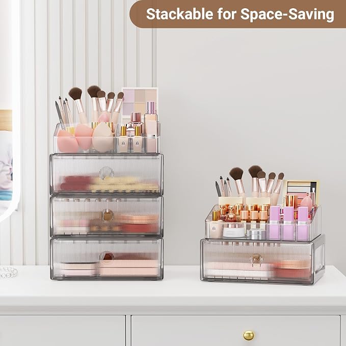 3 Tier Clear Makeup Drawer, PET Cosmetic Storage Organizer for Dresser, Countertop & Bathroom Vanity, Holders for Lipstick, Brushes, Skincare & Beauty Supplies