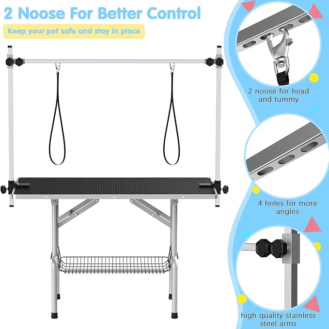 42'' Foldable Dog Grooming Table with Arms/Nooses/Mesh Tray, Black | Stainless Steel Grooming Table for Dogs at Home, Adjustable Pet Bathing Station, Non-Slip Waterproof Tabletop, Capacity 330Lb