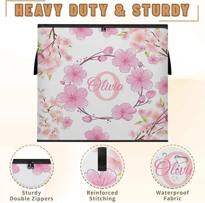 Personalized Extra Large Storage Basket with Lid, Comforters, Bedding Quilt Storage Bin Initial Letter for Home, Collapsible Basket for Clothes, Moving, Car Trunk, Pink Cherry Blossom Flower