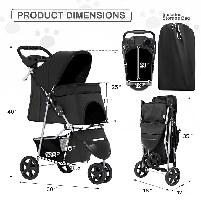 MoNiBloom Pet Stroller for Small/Medium Dogs and Cats up to 33 lbs, Black | Foldable Dog Stroller 3 Wheels Pet Strolling Cart w/ Storage Basket Cup Holder, Breathable and Visible Mesh for All-Season