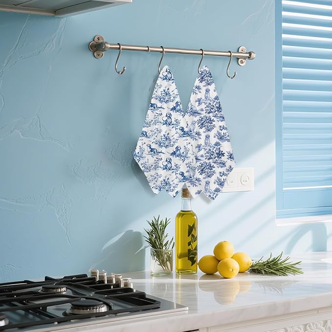 2Pcs Chinoiserie Golden Retriever Kitchen Towels 14x24 Inch, Blue and White Floral Golden Retriever Dachshund Decorative Dish Tea Towels, Grand Millenial Botanical Dog Hand Towels for Kitchen Bathroom