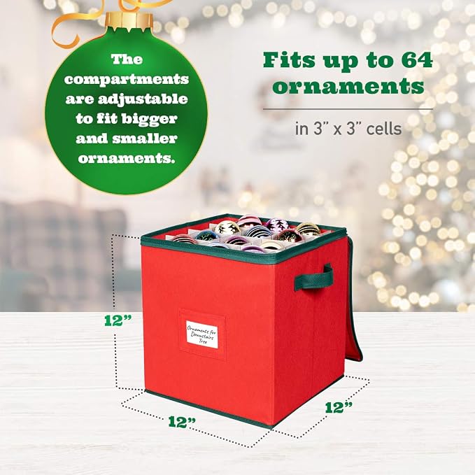 HOLDN’ STORAGE Christmas Ornament Storage Box Christmas Decor Storage Containers that Store up to 64 – 3” x 3” Holiday Xmas Ornaments – Adjustable Compartment To Fit Many Sizes Ornaments – Red