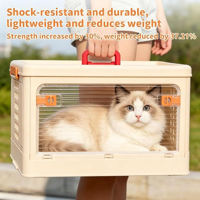 Pet Carrier for Cat & Dog,19-in Collapsible Cat Carrier Hard,Portable Crate | Dogs Travel Crates,Pets up to 20 lbs, Durable Plastic Travel Kennel for Car, Ventilated Design, Beige