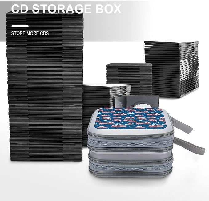 40-Disc Capacity CD/DVD Case Firetrucks Fire Trucks, Hard Plastic Protective Storage Binder with Zipper, Portable Organizer for Car Home Office