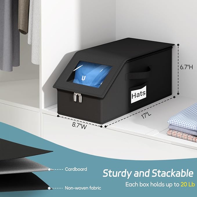 AOODA Stackable Hat Storage Box for Baseball Caps, Holds 12 Caps | Hat Organizer for Closet, Sturdy Hat Boxes for Men, with Cardboard, Space-Saving, Pure Black