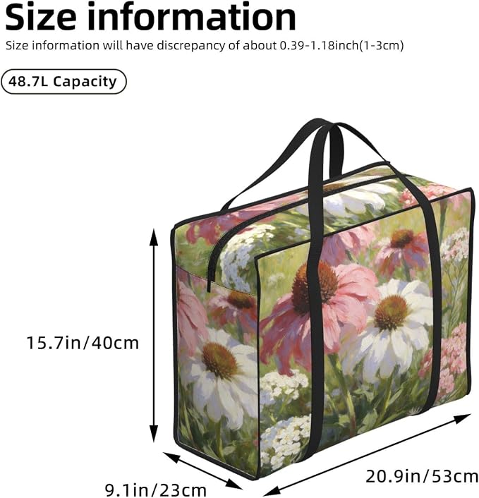 Oxford Fabric Reusable Grocery Bags Pink Coneflowers With White Daisies, Large Capacity Foldable Shopping Tote with Zipper Closure for Grocery Shopping and Travel