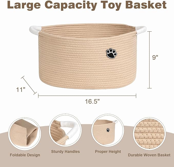 Optish 25L Dog Toy Basket,16.5" x 11" x 9" Medium Toy Storage Box and Bin with Handles, Woven Rope Foldable Basket for Blankets, Living Room, Bedroom, Home Decor, Camel