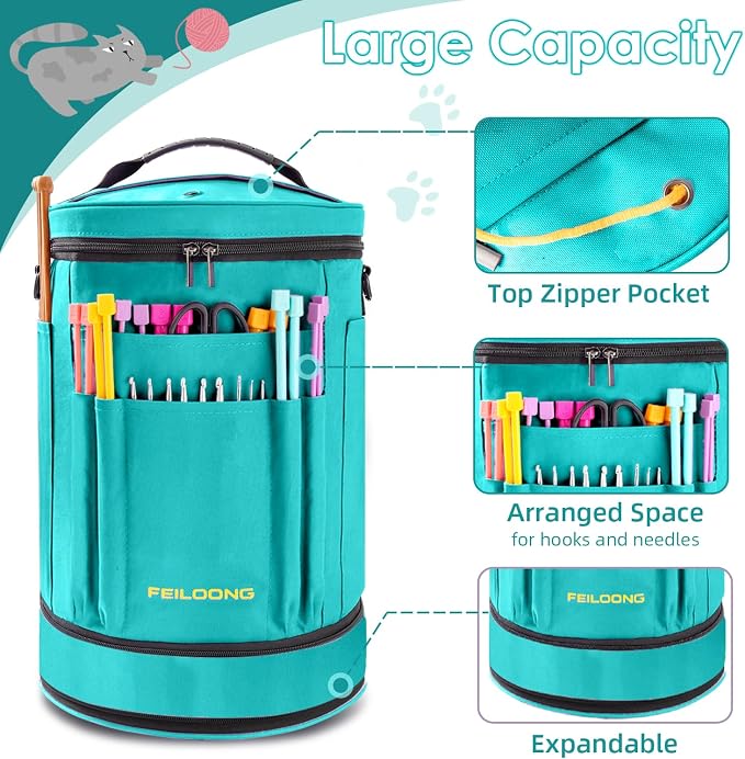 Expandable Crochet Bag, Yarn Storage Organizer & Knitting Tote Bag | Multiple Pockets, with Accessories Pouch shoulder strap, Sturdy Yarn Bags with Zipper Closure, Portable, Gift for Crafters