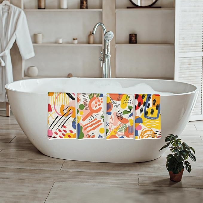 4 Pcs Abstract Art Bohemia Kitchen Towels, Colorful Pattern Decorative Absorbent Microfiber Dish Cloth Tea Towel, Waffle Soft Hand Towels for Farmhouse Home Bathroom Decor, Housewarming Gifts