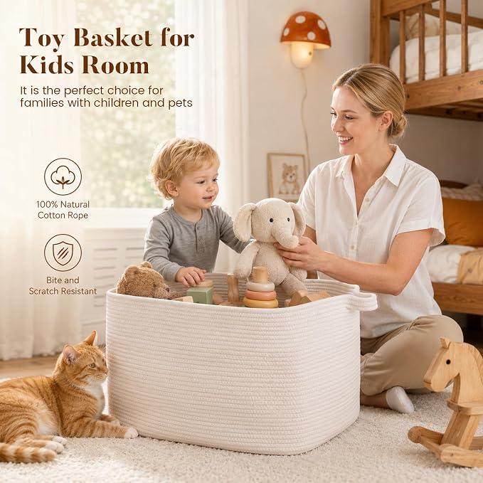 65L Large Woven Blanket Basket for Living Room, 19.7"x15.7"x11.8" | Nursery Laundry Hamper with Handle for Organizing Blankets, Pillows, Toy Storage With Handle, Large Baskets for Organizing