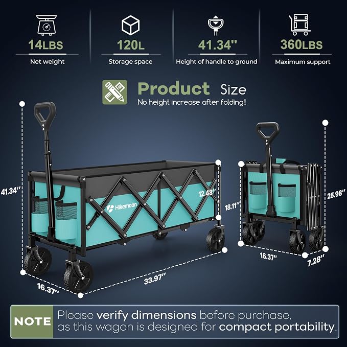 34'' Extra Long Folding Portable Wagon, 120L 360LBS Turquoise | Wagons Carts Foldable, Heavy Duty, Collapsible Compact Storage, Utility for Shopping/Grocery/Garden/Camping/Sports