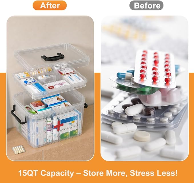 15QT Clear Medicine Organizer Box with Handle, Plastic Dorm Medicine Box with Tray, Empty First Aid Boxes, Thickened Medicine Storage Organizer, Multipurpose Medication Organizer Storage, Clear