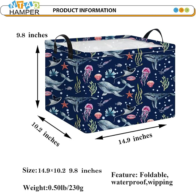 NTAOHAMPER Rectangular Storage Basket Empty,Storage Bin with Handles,Room Decor,Gift Basket,Book Box(Watercolor Ocean)