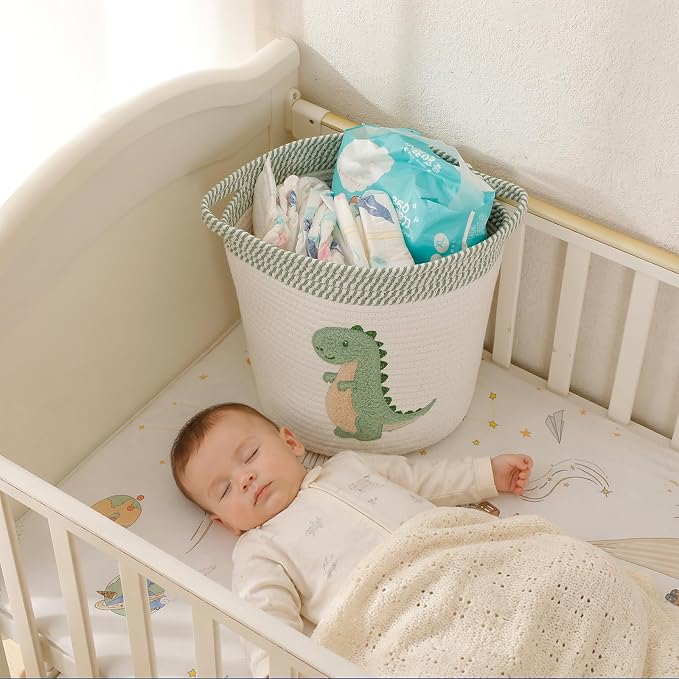 Baby Hamper Large Toy Storage Basket for Toddlers Boys, Dinosaur Room Decor | 14" x 14" Blanket Baskets for Living Room, Cotton Rope Toy Box for Stuffed Animal Storage Baby Laundry Hamper, Nursery Decor