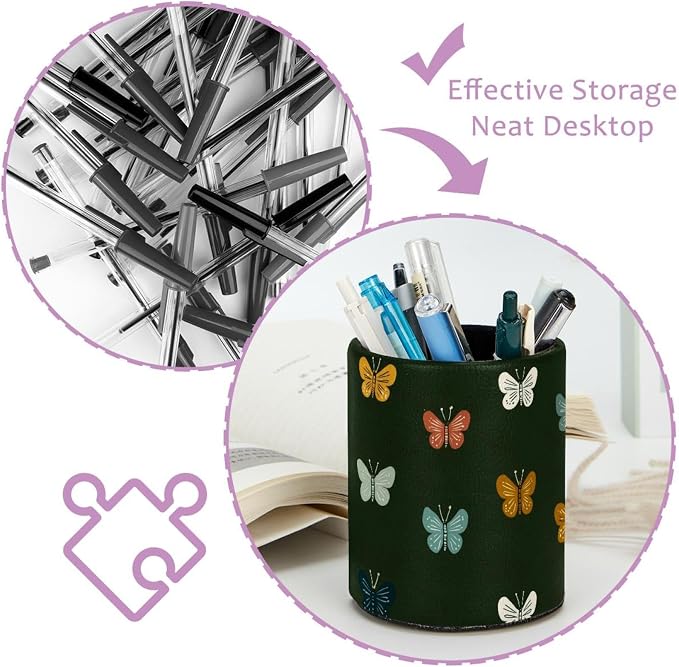 Faux Leather Pen Holder for Desk, Pencil Organizer Butterfly Pen Cup Desk Decor Makeup Brush Holder Storage for Office Home