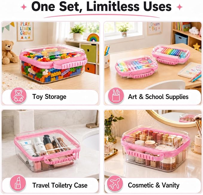 Clear Hard Shell Zipper Case 3PCS Set, 1.2mm PET Travel Organizer | Deep waterproof stackable storage pouches with handle. Heavy duty clear zipper bags for travel, makeup, toys and snacks