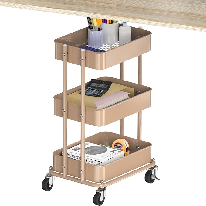 Simple Houseware 3-Tier Utility Cart, Low 24" Height Fits Under Desk, Khaki | Compact & Lower Height Great for Under-Desk Space-Saving Storage for Home Office, Dining Room, or Kitchen
