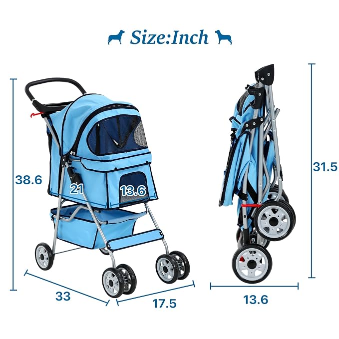 HHS 4 Wheels Pet Dog Stroller Foldable Pet Jogger Travel Carrier Cart W/Cup Holders Removable Liner Storage Basket for Small Medium Cats/Dogs, Blue, 17.5inches(L) x 33inches(W) x 38.6inches(H)