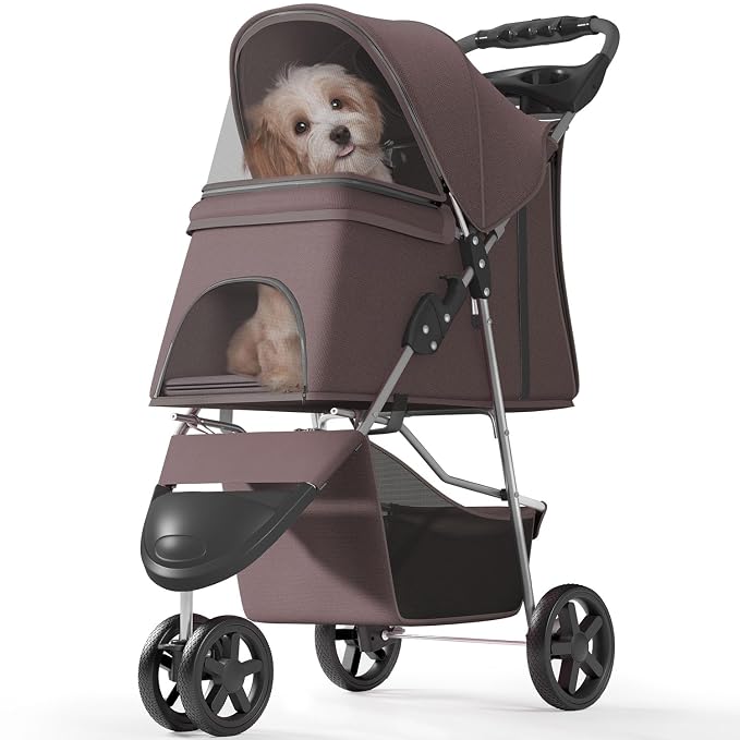 OS MOTOR 3 Wheels Pet Stroller for Small Medium Pets, Coffee | Foldable Carrier Jogger, Rear Wheel Breaks, Storage Basket, Visible Mesh Weather Cover, Portable, Dog, Cat, Puppy, Kitty