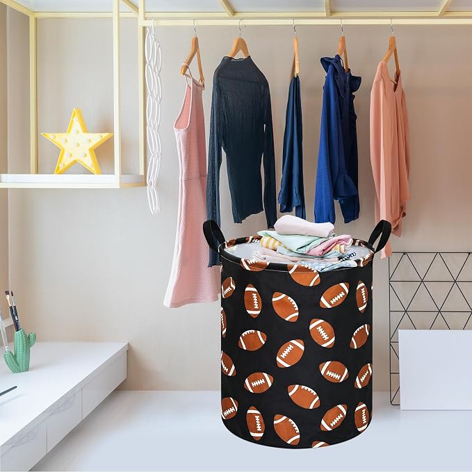 MAIZMZ Rugby Sport Print Storage Basket Kids Hamper, 15.7"D x19.7"H,Waterproof Lining, Leather Handles, Collapsible for Laundry, Sports Gear, Boys Gift