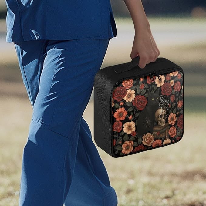 Gothic First Aid Kit Bag Floral Skull Cat Empty First Aid Bag Large Capacity for Home Office and Travel Use Lightweight Washable Soft Fabric