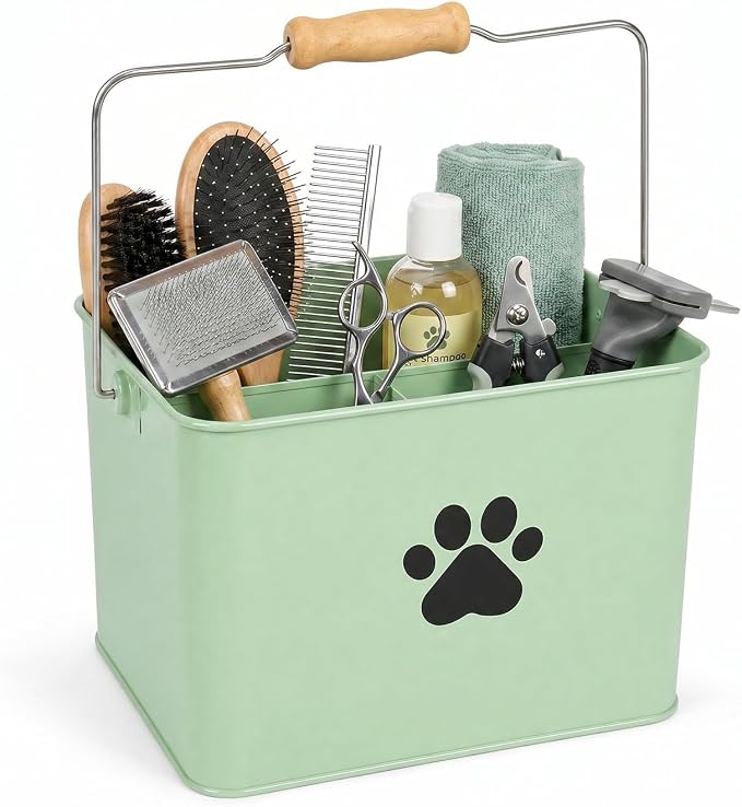 Pethiy Dog Grooming Bag Organizer Basket, Metal Dog Grooming Caddy-Green | Grooming Caddy with Carry Handle, Portable Pet Storage Bin for Bath Supplies, Grooming Tools,Waste Bags,Outdoor Pet Care