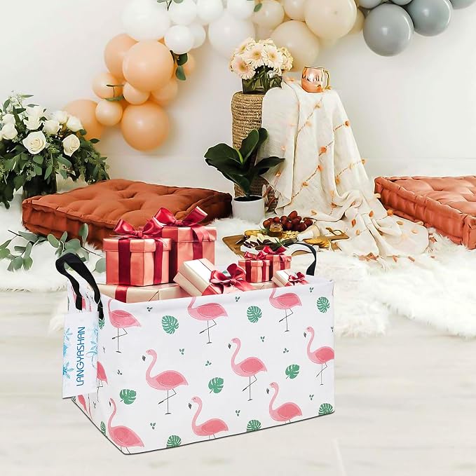 Rectangular Collapsible Leaf Flamingo Storage Basket Nursery Organizer | Storage Bin Foldable Canvas with Handles for Organizing Home Kitchen Children Toys Office Closet Shelf Baskets