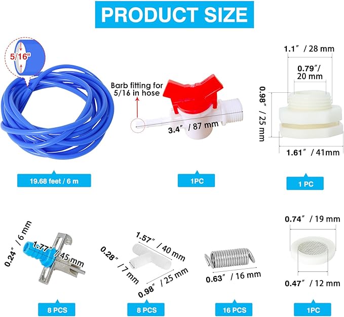 OCQOTAT Automatic Rabbit Watering System,Quail Rabbit Water Bottle Dispenser 8 Nipples Drinker,ID 5/16" Hose 19.68 Feets,Barb Fittings to G1/2" Thread,T-Fittings,Springs,Gaskets,Bucket Connector