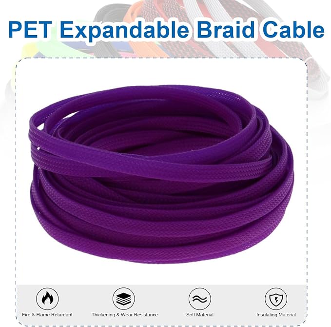 Heyiarbeit 10m/32.8ft PET Expandable Braid Cable Sleeving Flexible Wire Mesh Sleeve Purple 4mm