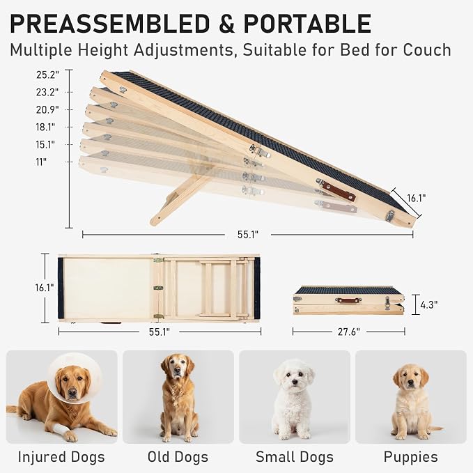 Wooden Dog Ramp for Couch High Bed, Non Slip Pet Ramps for Small Dogs and Cat with 6 Adjustable Height from 11.02'' to 25.2'', Portable 55.12'' Long Foldable Ramp for Dogs to Get on Bed Car