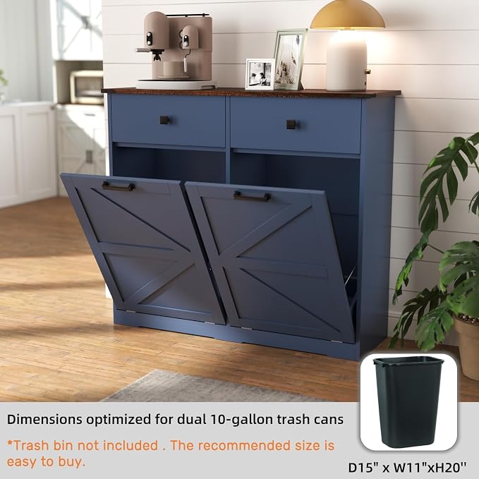 Double Tilt Out Trash Can Cabinet for 20 Gallon,Hidden Dual Laundry Cabinets with 2 Drawers & 2 Baskets, Barn Door Style Garbage Cabinet for Kitchen (Blue)