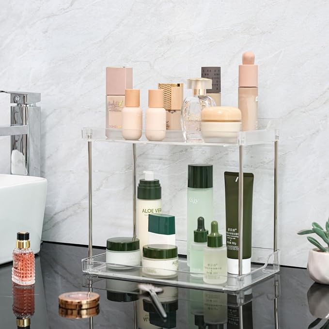 Clear Acrylic Bathroom Counter Organizers and Storage Tray, 2 Tier Makeup,Perfume,Skincare Organizer Shelf & Vanity Storage for Bedroom and Counter Top Spice Racks for Kitchen Corner,Rectangle