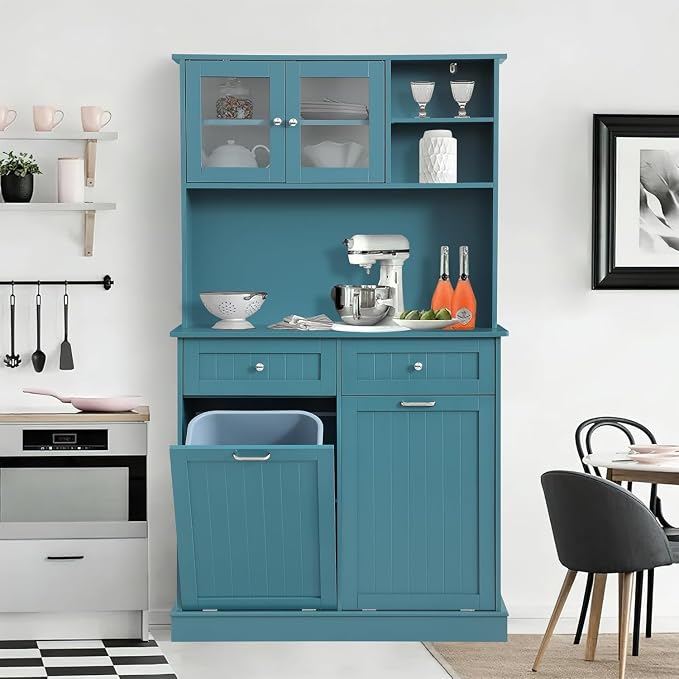LOUVIXA 68.4" Kitchen Pantry Storage Cabinet, Freestanding Cupboard with Shelf, 2 Drawers and 2 Tilt Out Trash Cabinet, Tall Cabinets for Kitchen, Dinning Room, Living Room (Deep Teal, Double Tilt)