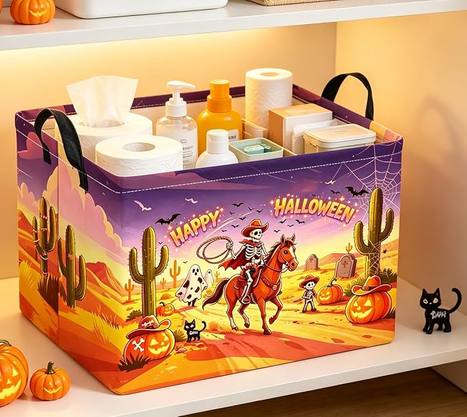 Rectangle Storage Basket with Handles,Collapsible Storage Bin,Books Box,Gift Basket(Cowboy Halloween)