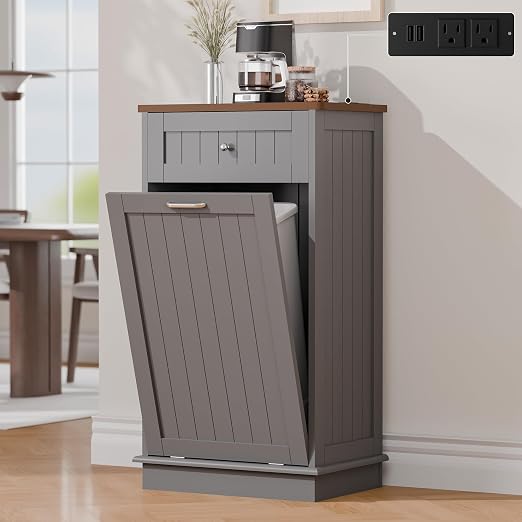 Betterhood Double Tilt Out Trash Cabinet with Power Outlet,Wooden Hidden Garbage Can Holder with a Big Storage Drawers for Kitchen, Living Room, Laundry, Grey