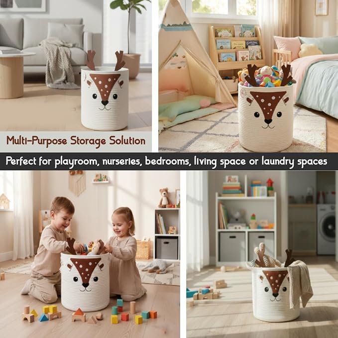 Storage Basket, Large 14” x 12” Woven Cotton Rope Bin with Deer Design, Cutout Handles, Decorative Storage Organizer for Home Use, Laundry, Clothes & Household Items, Foldable & Washable (Deer)