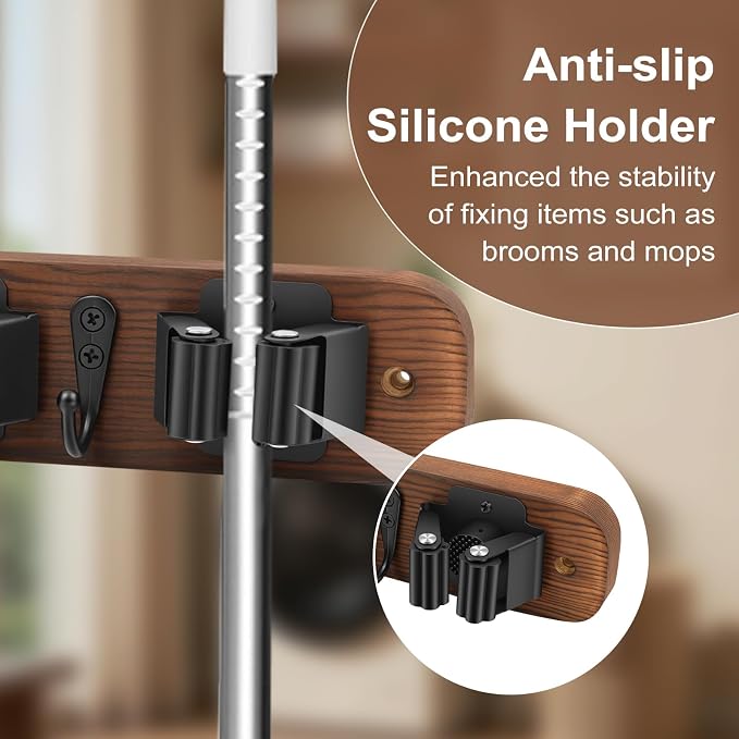 Broom Holder Wall Mount With Vacuum Cleaner Holder,Wood Broom Hangers For Wall，Broom And Mop Organizer Wall Hanging For Laundry Room ，Broom Organizer Wall Mount For Home Garage Kitchen (Black)