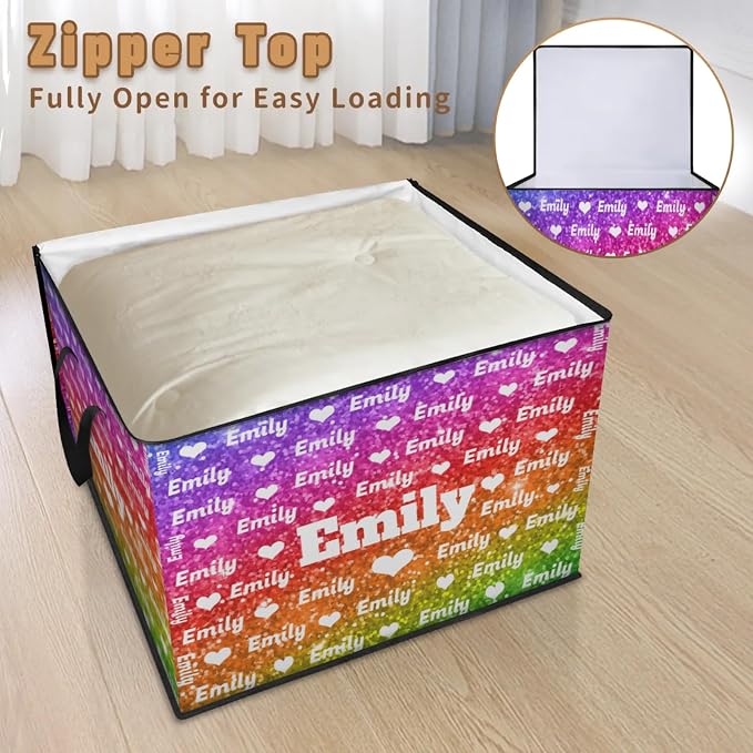 Personalized Storage Bags with Lid Large Blanket Love Heart Organization and Storage Containers for Comforters,Bedding, Foldable Organizer with Reinforced Handle, Deep Bright Color Sequins Glitters