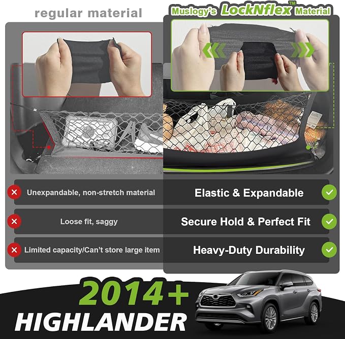 Muslogy Cargo Net for 2014-2025 2026 Toyota Highlander Accessories | Custom Fit, Trunk Storage Organizer Net for SUV Sedan Van Divider, with Heavy Duty Carabiners, Night Visible Grab Handle