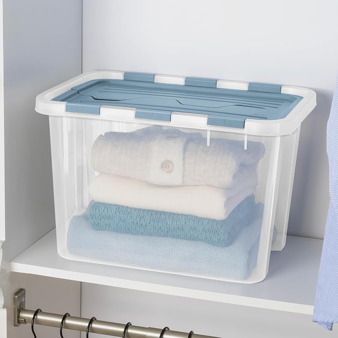 Sterilite 24 Pack Hinged Lid Storage Box, 30 Qt Plastic Container, Washed Blue - Home Organizer Tote for Storing Shoes, Crafts, Clothing, or Decor