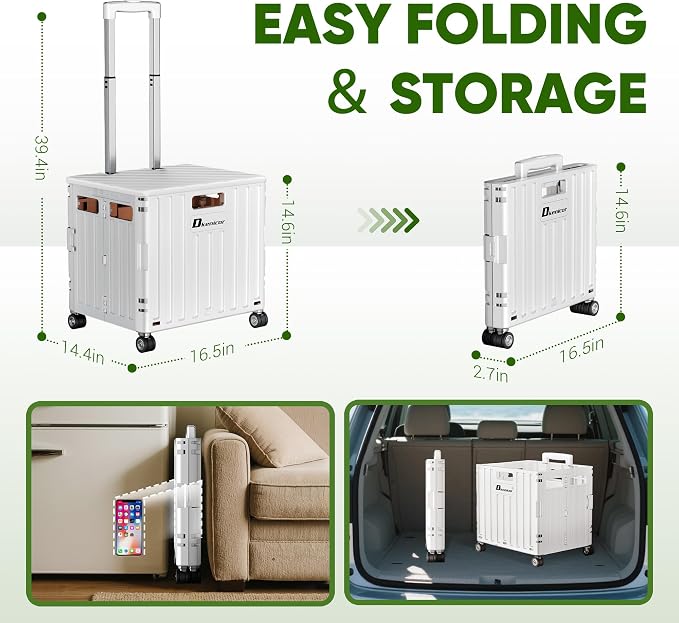 Folding Utility Cart, Portable Rolling Crate Handcart Collapsible Shopping Trolley with Lid, Foldable Tool Box Basket with 4 Rotate Wheels for Grocery, Office, Luggage, School - White