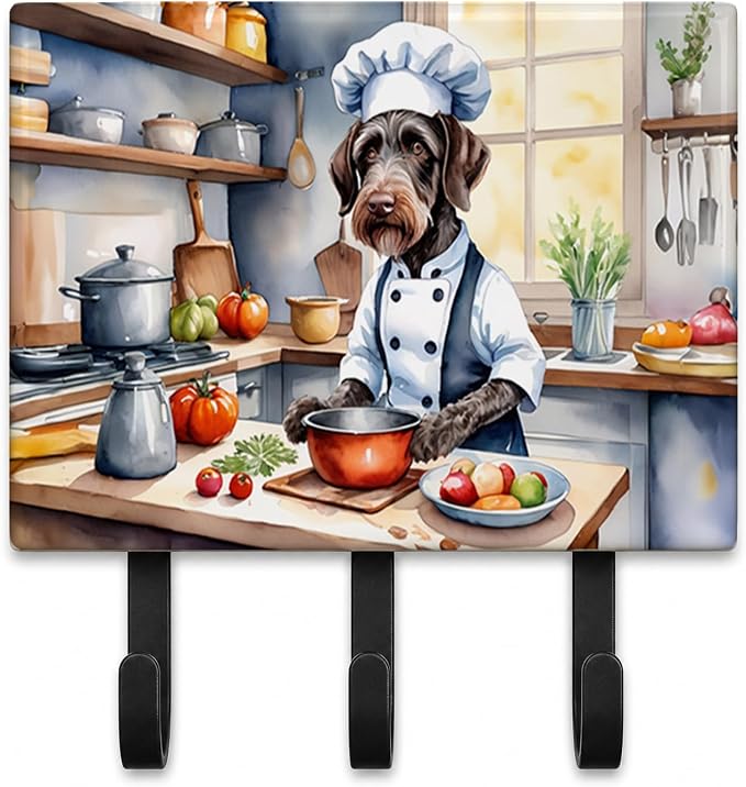 Caroline's Treasures German Wirehaired Pointer The Chef Leash or Key Holder Wall Hooks, Key Hooks Holder, Coat Rack Wall Mount, Coat Hooks, Hooks for Hanging Keys, Towels, Aprons, Leashes | German Wirehaired Pointer The Chef artwork on ceramic tile wit...